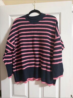NWT J. Jill Navy Blue and Pink Striped Long Sleeve Oversized Sweater Petite XL